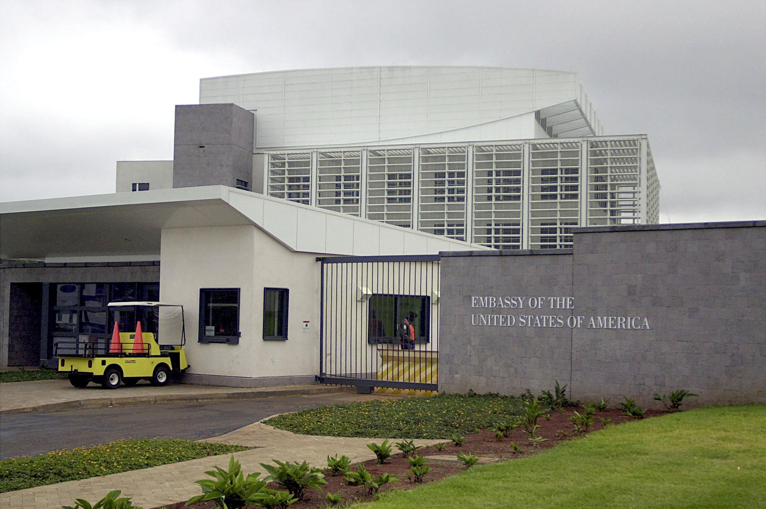 United States diplomatic facility in Kenya with the American flag flying outside.