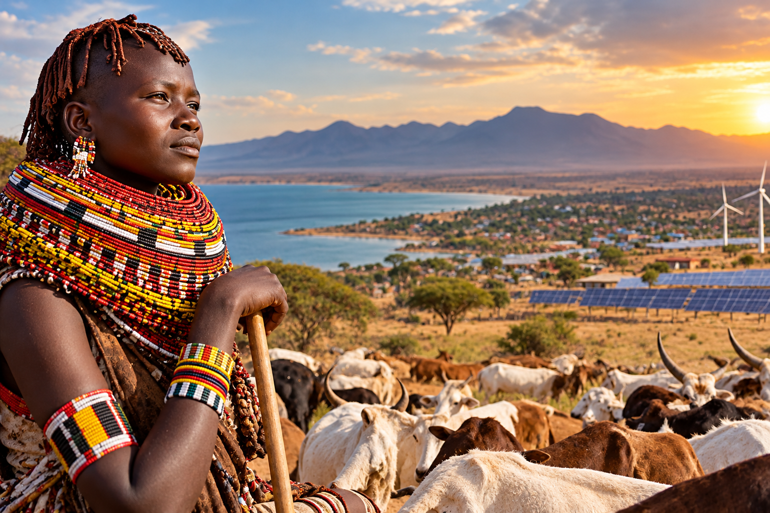 Turkana pastoralist wearing traditional beadwork and standing beside livestock overlooking a semi-arid landscape at sunset.