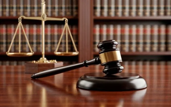 Gavel and scales of justice representing court proceedings in the Bondo church leaders case.