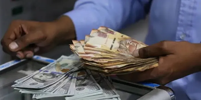 Kenyan shilling banknotes and US dollar notes being counted at a currency exchange counter.