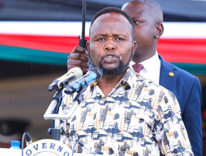 Trans Nzoia Governor George Natembeya speaks to residents during a public gathering.