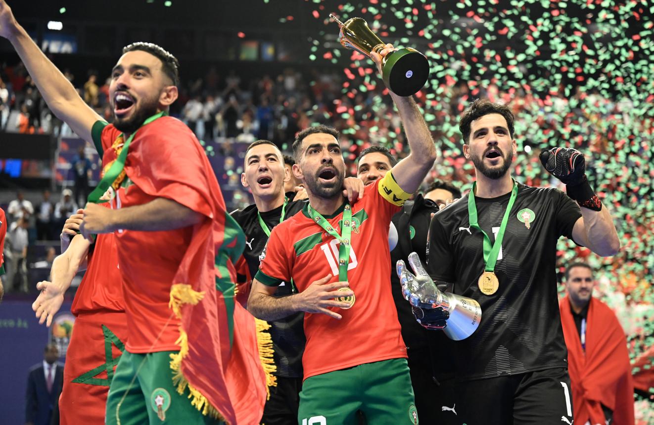 Morocco’s futsal players celebrate winning the 2026 CAF Futsal Africa Cup of Nations after defeating Angola.