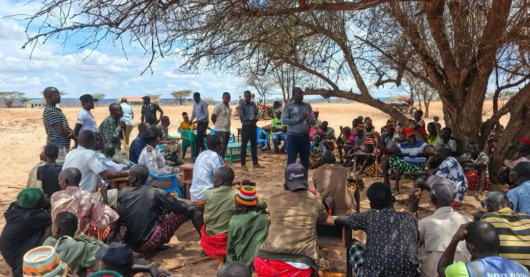 Residents and government officials attend a community engagement meeting in Nakukulas, Turkana East.