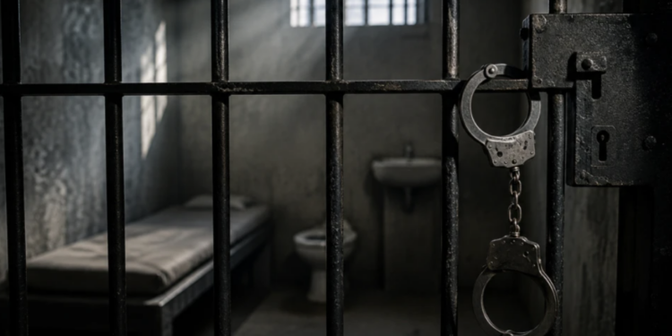 Handcuffs hanging on a prison cell door, representing a rape conviction and prison sentence.
